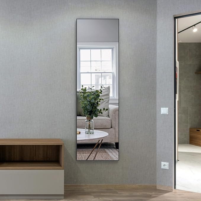 ANYHI Large Full Length Mirror, 60" x 18" Door Mirror Full Length, 2 Hooks, Over The Door or Wall Monuted, Aluminum Frame, for Bedroom Bathroom Checkroom, Black