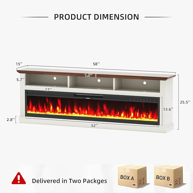 58" Fireplace TV Stand, TV Stand with 52" Fireplace, LED Light Entertainment Center with Storage Cabinets, Modern Media TV Console TV Table for Living Room, White