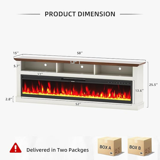 58" Fireplace TV Stand, TV Stand with 52" Fireplace, LED Light Entertainment Center with Storage Cabinets, Modern Media TV Console TV Table for Living Room, White