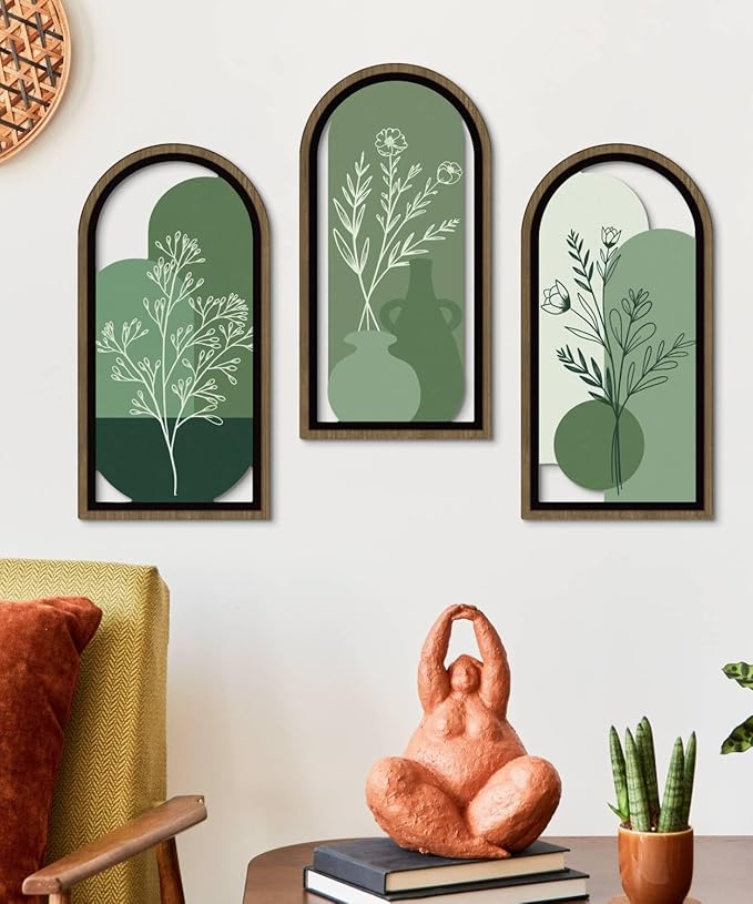 Putuo Decor Boho Botanical Wall Art Set of 3, Abstract Floral Artwork with Vase and Green Tones, Mid Century Modern MDF Wooden Wall Decor for Living Room Bedroom Office, Arch Design 16x8in