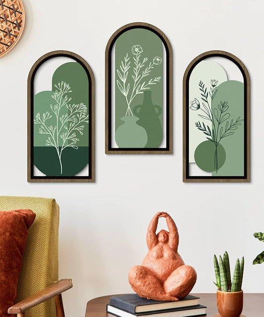 Putuo Decor Boho Botanical Wall Art Set of 3, Abstract Floral Artwork with Vase and Green Tones, Mid Century Modern MDF Wooden Wall Decor for Living Room Bedroom Office, Arch Design 16x8in