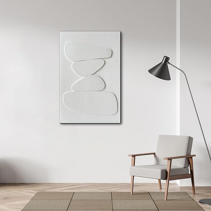 Creespi Hand-Painted White 3D Textured Wall Art 24x36 inches,Minimalist Abstract Canvas Art Painting for Home Wall Decoration