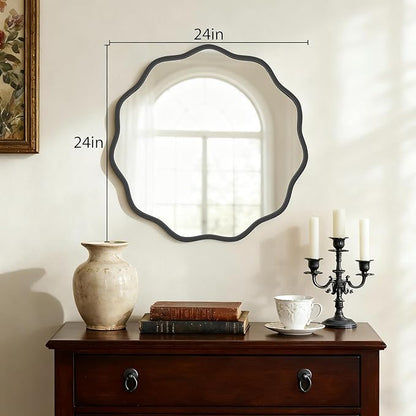 HOMECOOKIN 24" Wavy Round Wall Mirror, Black Scalloped Circle Mirror Edge Round with Metal Frame, Modern Decorative Hanging/Leaning Mirrors for Bathroom, Hotels, Hallway, Entryway, Vanity, Office