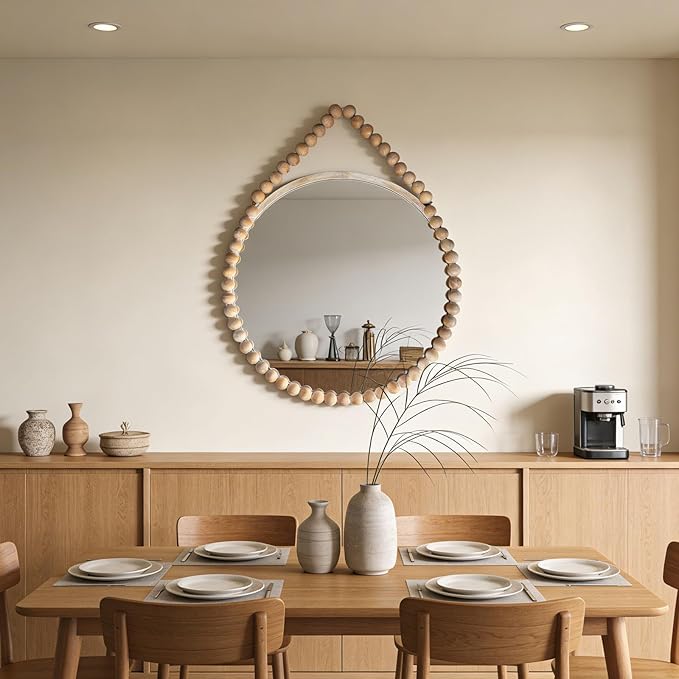 POZINO Wood Round Mirror, 28" Rustic Farmhouse Wall Hanging Mirror with Wooden Beaded Frame, Boho Circle Mirror for Bathroom Bedroom Living Room Hallway Entryway Fireplace