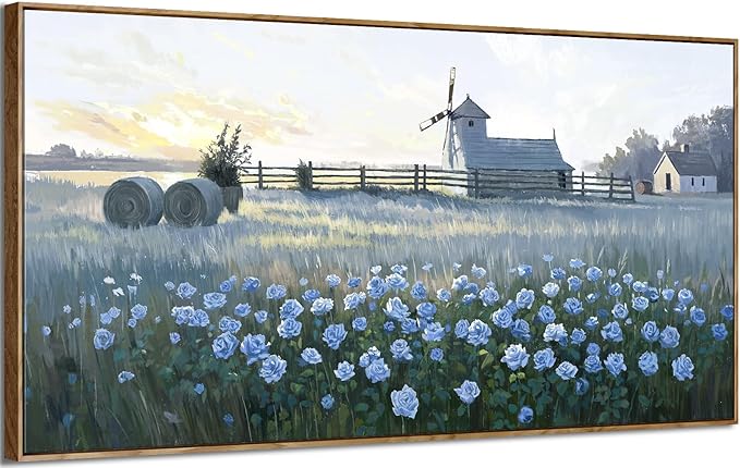 Oversize Framed Modern Wall Art, Natural Landscape Canvas Picture, Blue Rustic Farm Windmill And Floral Artwork For Living Rooms, Bedrooms, Hallways, Balconies, Dining Rooms, And Offices. 58X29 Inches.