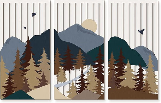 Suzile 3 Pcs Wall Sculptures Wooden Wall Decor Boho Geometric Line Hollow Wall Decor Mid Century Modern Decor Minimalist Geometric Art for Living Room Bathroom Bedroom Office Kitchen (Forest)