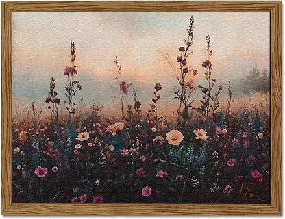 Vintage Flower Wall Art, Dark Floral Wall Decor Painting, Framed 3D Textured Hand Drawn Sandstone Farmhouse Landscape Pictures Artwork for Living Room Bedroom 12x16 inch Wood Frame