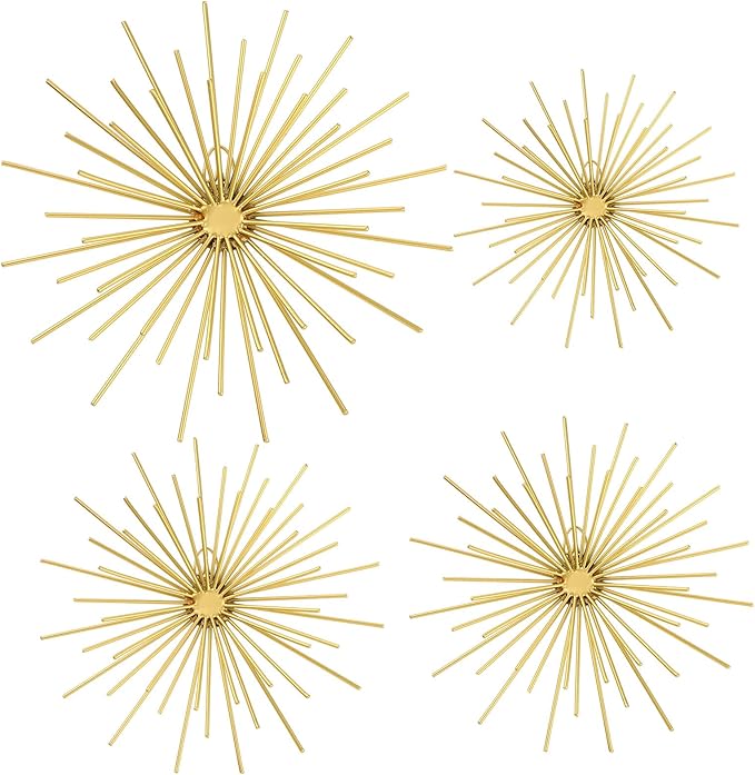 Shimeyao 4 Pcs Metal Starburst Wall Decor Gold Metal Wall Art 3D Spike Bling Finish Star Burst Hangings Accents Sculptures Set Modern Mid Century Decorations for Living Room Bedroom Entryway