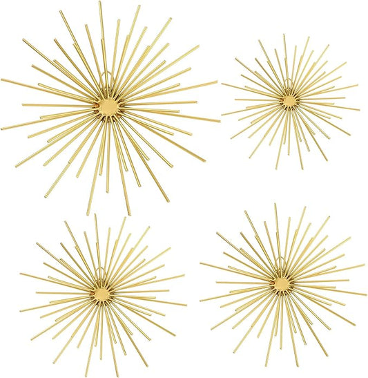 Shimeyao 4 Pcs Metal Starburst Wall Decor Gold Metal Wall Art 3D Spike Bling Finish Star Burst Hangings Accents Sculptures Set Modern Mid Century Decorations for Living Room Bedroom Entryway