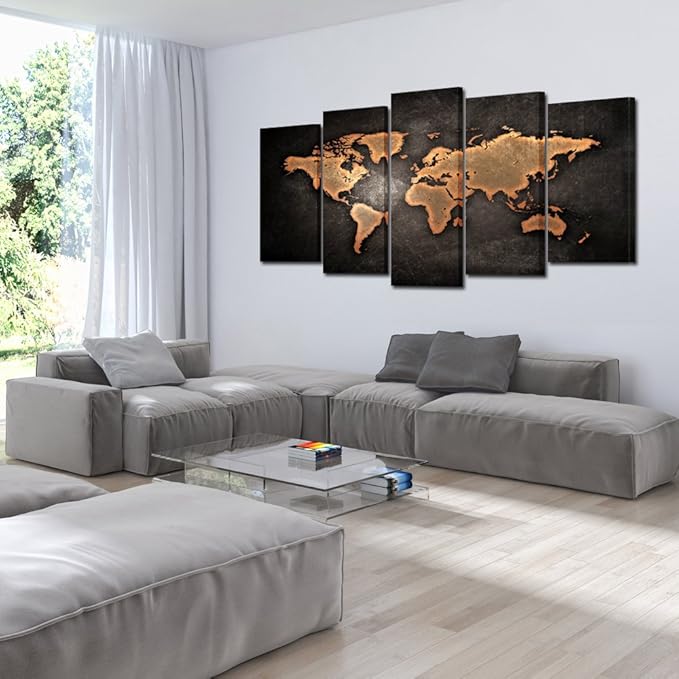 KREATIVE ARTS - Retro World Map Poster Framed 5 Pcs Giclee Canvas Prints Vintage Abstract World Map Painting Printed on Canvas Ready to Hang for Living Room Office Decor Gift (Large Size 60x32inch)
