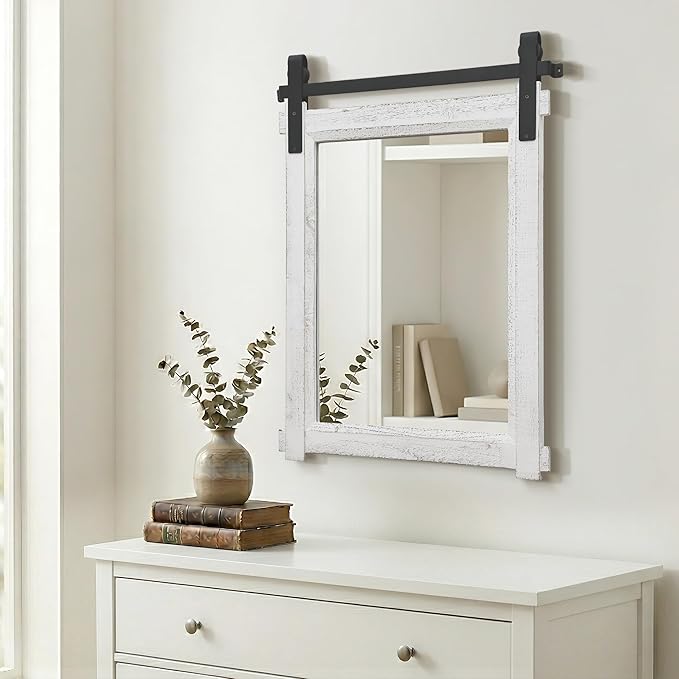 Besdomus Farmhouse Bathroom Wall Mirror: 22"x30" White Barn Door Solid Cedar Wood Frame Vanity Mirror - Rustic Bathroom Over Sink/Living Room/Hallway - Modern Rustic Decor for Housewife