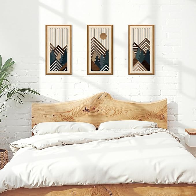 Celestdeco Boho Abstract Mountain Wood Wall Art Modern Geometric Artwork Bohemian Sun Forest Wood Wall Decor Mountain Tree Hanging Decor for Living Room Bedroom 7.9 x15.8 Inch