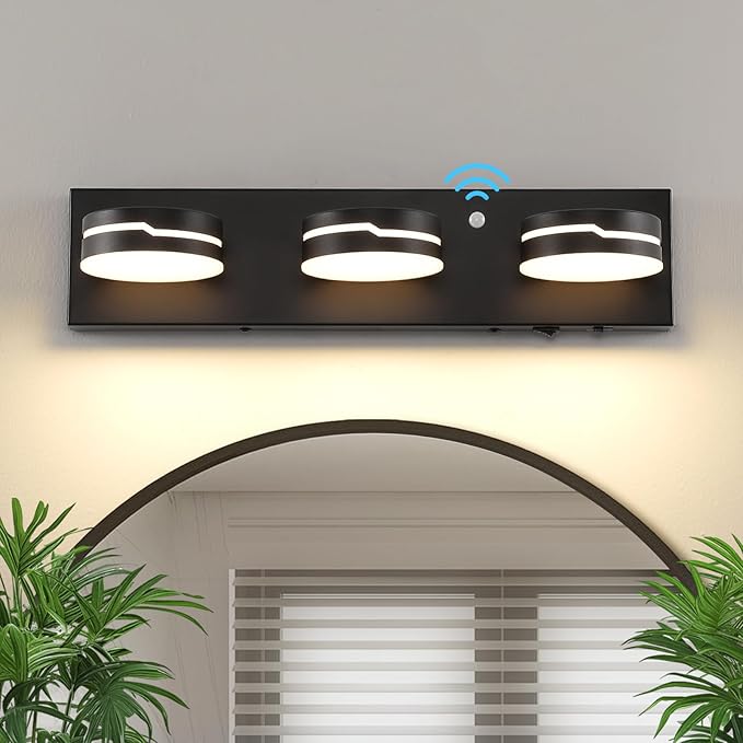 LED Modern Bathroom Lights Fixtures 3-Light Motion Sensor Vanity Light Matte Black Acrylic Wall Lighting,3CCT Vanity lamp for Bathroom Over Mirror with 350°Rotatable Acrylic Heads