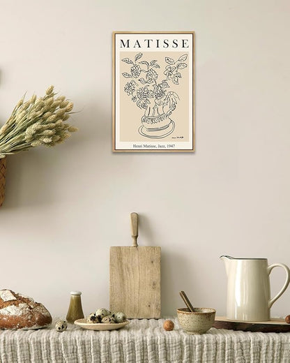 Zzuyi Henri Matisse Framed Wall Art,Flower Abstract Minimalist Black and Beige Vintage Canvas Painting,Boho Flower Art Prints-16''x24''Natural Framed