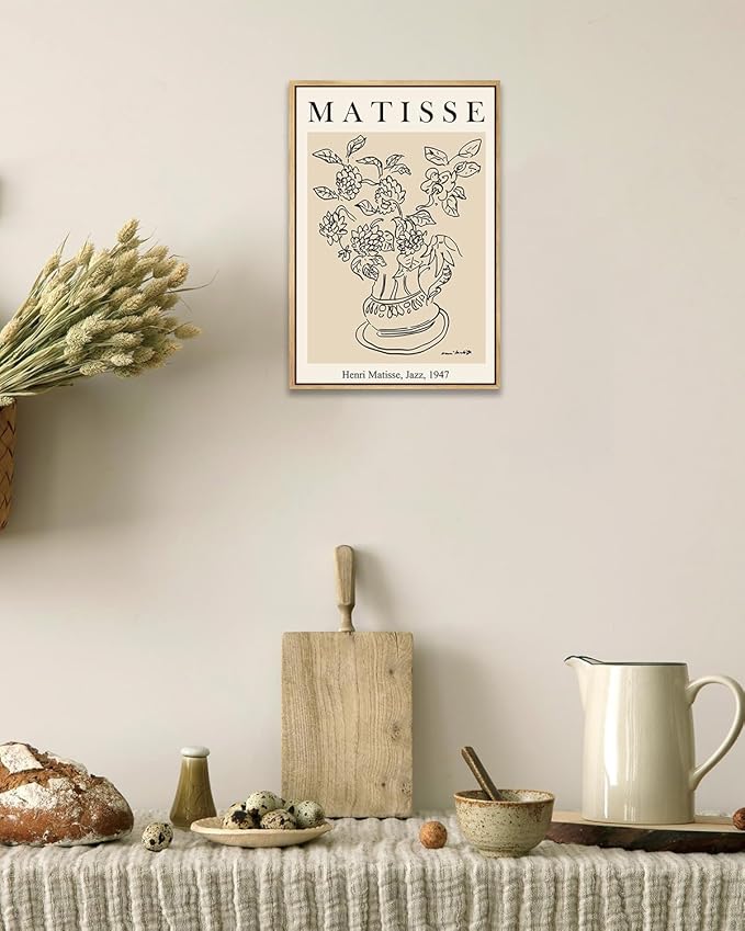 Zzuyi Henri Matisse Framed Wall Art,Flower Abstract Minimalist Black and Beige Vintage Canvas Painting,Boho Flower Art Prints-12''x16''Natural Framed