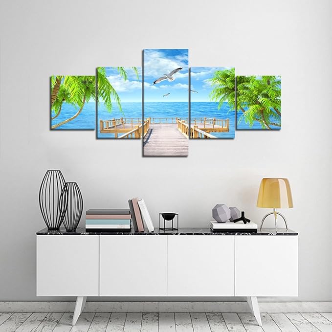 Landscape Seagulls Palm Scene Picture Modern Painting on Canvas 5 Panels Framed Wall Art for Living Room Bedroom Kitchen Home Decor Stretched Gallery Canvas Wrap Giclee Print (50’’W x 24’’H)