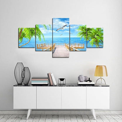 Landscape Seagulls Palm Scene Picture Modern Painting on Canvas 5 Panels Framed Wall Art for Living Room Bedroom Kitchen Home Decor Stretched Gallery Canvas Wrap Giclee Print (50’’W x 24’’H)