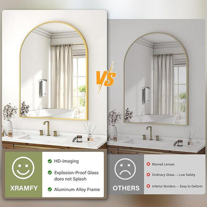 XRAMFY 32"x48" Arched Bathroom Mirror with Aluminum Frame Arched Wall Mounted Vanity Mirror for Entryway, Bedroom, Living Room, Gold