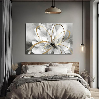 SOUGUAN White Floral Wall Decor Grey Background Modern Painting Wall Art 24"x36" Neutral Artwork Paintings for Bedroom Kitchen Pictures