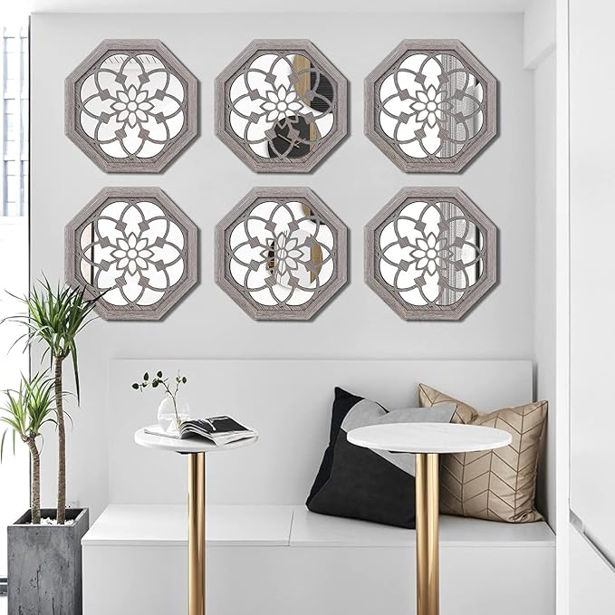 ZOLAPI 2 PCS Octagon Wall-Mounted Mirrors,Vintage Farmhouse Mirror for Wall Decor,Barn Wood Color Decorative Accent Mirror for Foyer, Bathroom, Bedroom. (12”x12”)