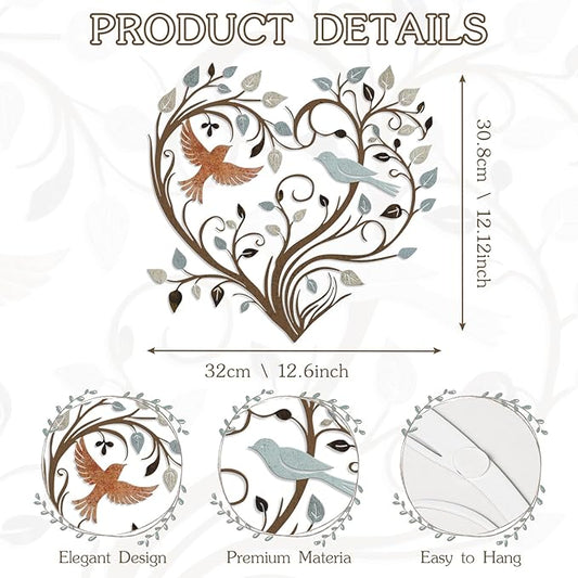 Hnatzu Colorful Heart Tree Metal Wall Art with Birds,Vibrant Heart Wall Decor for Living Room,Unique Metal Bird Wall Art for Home, Garden,or as a Gift of Love and Family