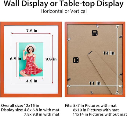 KINLINK 11x14 Picture Frame Orange, Solid Wood Frames with Acrylic Plexiglass for Pictures 5x7/8x10 with Mat or 11x14 without Mat, Tabletop and Wall Mounting Display, Set of 4