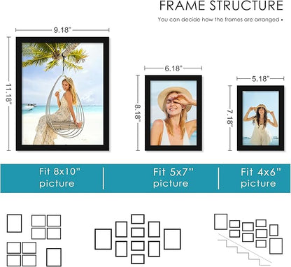 PEALSN 10 Pack Collage Picture Frames, Gallery Wall Frame Set with Two 8x10, Four 5x7, and Four 4x6, Multiple Photo Frames for Wall Gallery Decor, Black