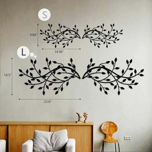 Meltset Metal Tree Leaf Wall Decor, Vine Olive Leaf Branch Wall Art, Black Metal Art, Wrought Iron Scroll Wall Decor, Decorative Wall Sculpture Above Bed, Living Room,Bathroom,Indoor Outdoor(L/Black)