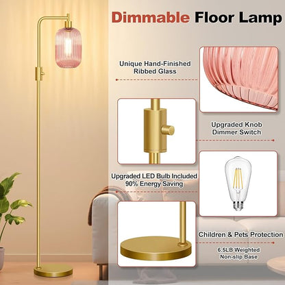 【Upgraded】 Dimmable Glass Floor Lamp for Living Room, Modern Gold Standing Lamp with Pink Ribbed Glass Lampshade & Knob Dimmer, Arc Tall Lamp for Bedroom Office Reading Room, 2700K Led Bulb Included