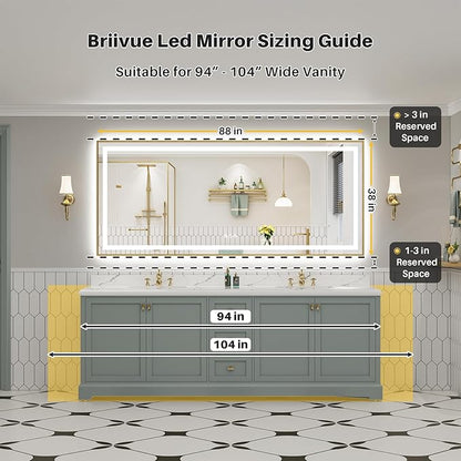 88x38 Inch LED Bathroom Mirror with Gold Frame, Backlit & Front Lit, Anti-Fog Lighted Bathroom Vanity Mirror for Wall, Memory Function, Dimmable, HD Tempered Glass, Shatter-Proof