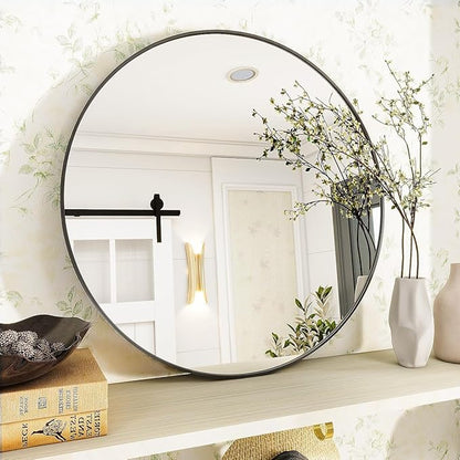 VooBang Black Round Bathroom Mirror, 30 inch Circle Wall Mounted Hanging Mirror with Simple Modern Circular Metal Frame for Hallway, Entryway, Living Room, Black Frame