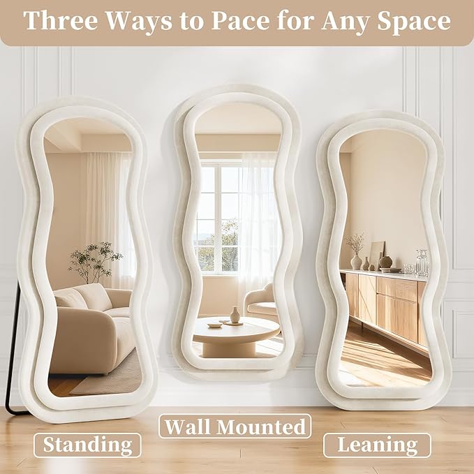 Wavy Full Length Mirror, 63"x24" Full Body Mirrors with Stand, Flannel Floor Mirrors for Bedroom, Living Room, Dressing Room, Hanging Leaning Wall Mirror