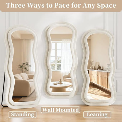 Wavy Full Length Mirror, 63"x24" Full Body Mirrors with Stand, Flannel Floor Mirrors for Bedroom, Living Room, Dressing Room, Hanging Leaning Wall Mirror