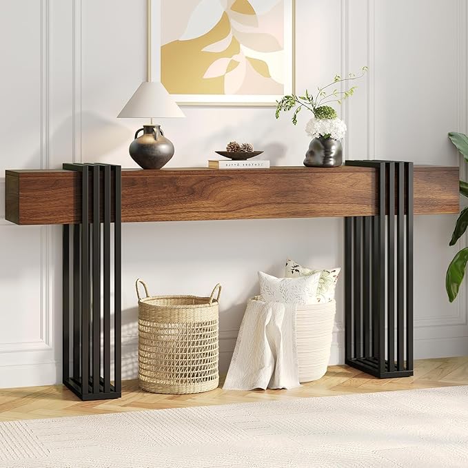 knoworld 71 Inch Long Console Table, Extra Thick Industrial Sofa Table Behind The Couch Rectangular Entryway Table for Entrance Hallway Living Room, Entire top Board & 4-Pipe Legs, Rustic Brown