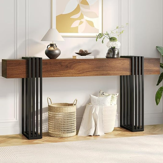 knoworld 71 Inch Long Console Table, Extra Thick Industrial Sofa Table Behind The Couch Rectangular Entryway Table for Entrance Hallway Living Room, Entire top Board & 4-Pipe Legs, Rustic Brown