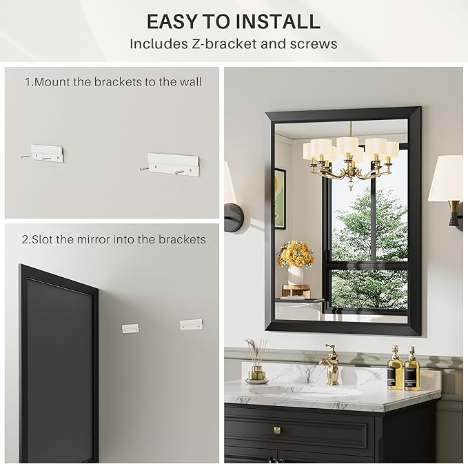 Briivue 20x30 Inch Black Bathroom Mirror for Wall, Thick Metal Framed Rectangle Mirrors for Over Sink, Bedroom, Living Room, Entryway, Anti-Rust, HD Tempered Glass