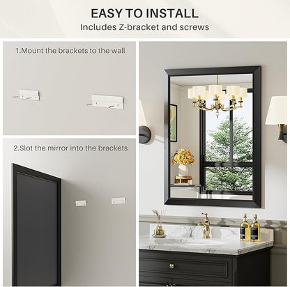 Briivue 20x30 Inch Black Bathroom Mirror for Wall, Thick Metal Framed Rectangle Mirrors for Over Sink, Bedroom, Living Room, Entryway, Anti-Rust, HD Tempered Glass
