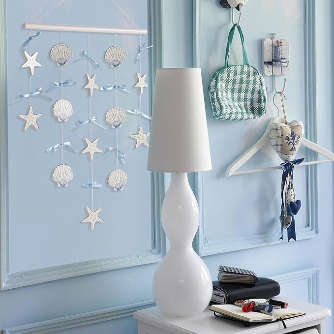 pechpell Beach Seashell Wall Hanging Decor, Ocean Nursery Themed Coastal Wall Art 29"x15" Wooden Shells Starfish Decor with Blue Bow for Beachy Room Bathroom Bedroom Office Farmhouse Home Decorations