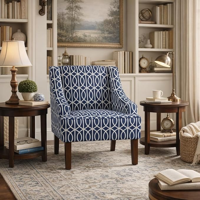 Homepop Home Decor Upholstered Classic Swoop Arm Accent Chair Accent Chairs for Living Room & Bedroom Decorative Home Furniture, Classic Navy Geometric