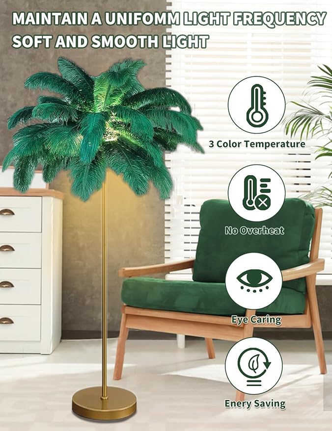 Feather Floor Lamp,Fluffy Ostrich Feather Floor Lamp for Bedroom,3 Color Temperatures Led Corner Modern Floor Lamps for Living Room Christmas Home Decor House Warming Gifts,63″ Height (Dark Green)