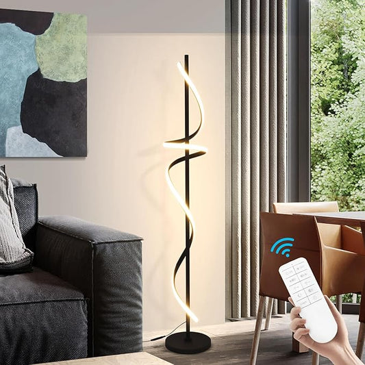 EIDISUNY Modern Spiral Floor Lamp with Remote Control, 48W LED Floor Lamps for Living Room, 3 Colors Dimmable Tall Standing Lamp for Living Room, 60'' Modern Floor lamp for Bedroom Black