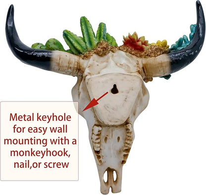 alikiki Rustic Western Home Decor - Tribal Wall Decor Western Long Horn Bull Skull Wall Decor Cow Buffalo Skull Bison Animal Head Wall Hanging Wall Arts w/Succulents for Bedroom Living Room Cold Cast Resin Figurines
