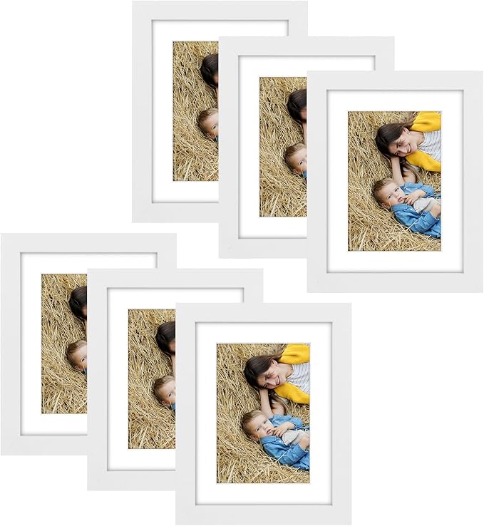 Golden State Art, 6x8 Picture Frame Set of 6 - Matted to 4x6 Photo - Engineered Wood Gallery Frame Set - Wall Mounting or Tabletop Display (White,6 Pack)