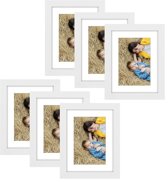 Golden State Art, 6x8 Picture Frame Set of 6 - Matted to 4x6 Photo - Engineered Wood Gallery Frame Set - Wall Mounting or Tabletop Display (White,6 Pack)
