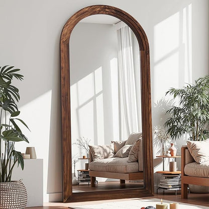 Antok Full Length Mirror with Solid Wood Frame, 71"×32" Wall Mounted Oversized Floor Mirror with Stand, Leaning Standing Hanging for Bedroom Living Room Entryway, Walnut, Arched Syle