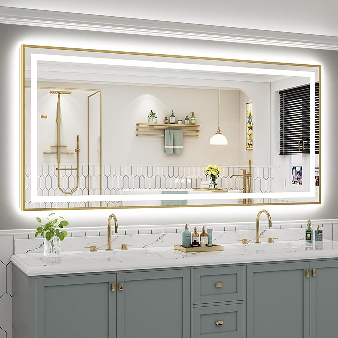 84x40 Inch LED Bathroom Mirror with Gold Frame, Backlit & Front Lit, Anti-Fog Lighted Bathroom Vanity Mirror for Wall, Memory Function, Dimmable, HD Tempered Glass, Shatter-Proof