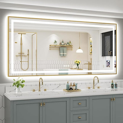 84x40 Inch LED Bathroom Mirror with Gold Frame, Backlit & Front Lit, Anti-Fog Lighted Bathroom Vanity Mirror for Wall, Memory Function, Dimmable, HD Tempered Glass, Shatter-Proof
