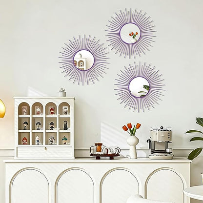 3 Pack Metal Mirrors for Wall Sunburst Wall Mirrors Home Décor Decorative Hanging Wall Art for Living Room Bedroom Entryway (Purple, Sunburst)
