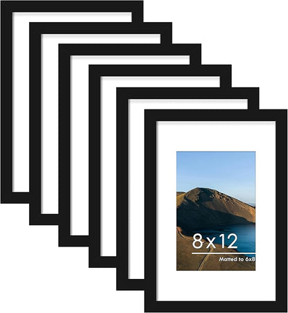 PEALSN 8x12 Picture Frame Set of 6, Display Pictures 6 x 8 with Mat or 8 x 12 without Mat for Wall Mounting or Table Top Display, Photo Frames Collage for Wall Decor, Black