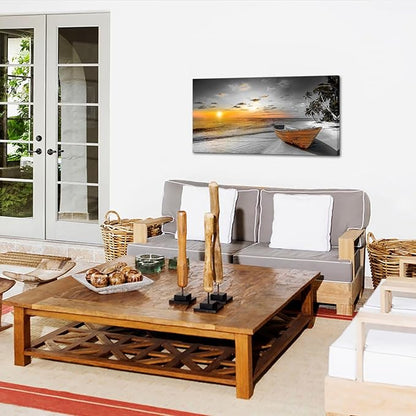 KREATIVE ARTS 24x48in Black and White Beach Sunset Seascape Canvas Prints - Ocean Landscape with Boat Tree Artwork, Natural Scenery Wall Art for Living Room, Bedroom, Office Decor
